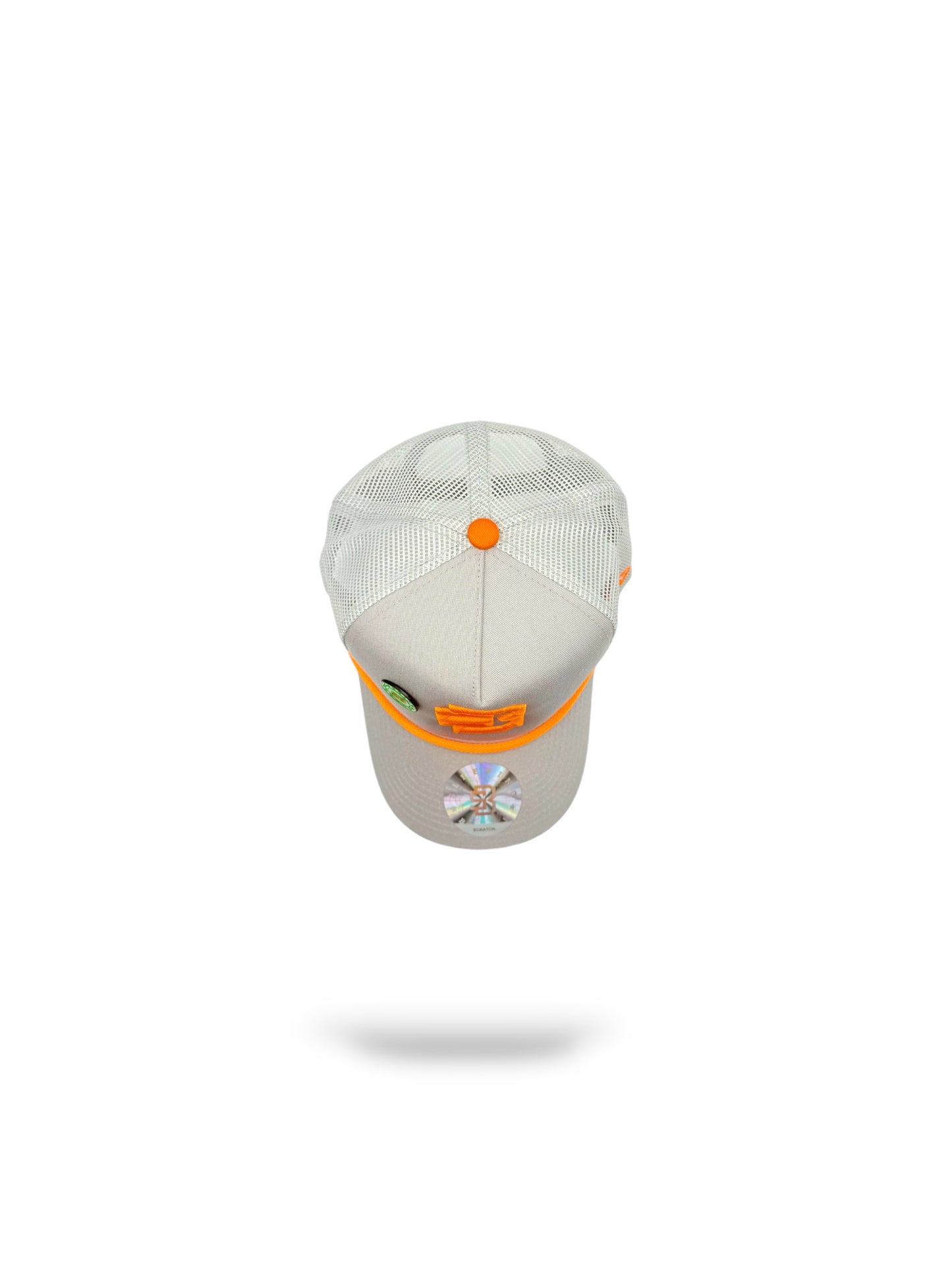 Grey/orange logo mesh back trucker