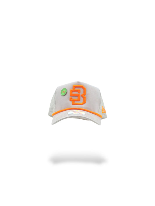 Grey/orange logo mesh back trucker